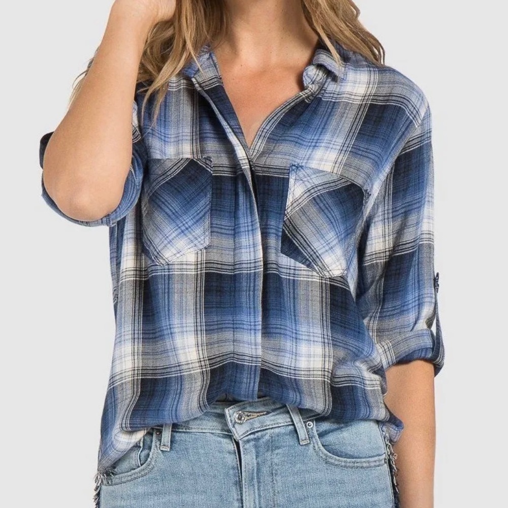 Anthropologie Blue Plaid High Low Fringe Hem Roll Sleeve Buttondown Shirt